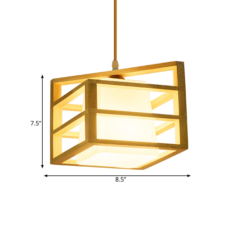 Rhombus Cage Pendant Asian Ceiling Light With Glass Lamp Shade - Kitchen Dinette Wood Hanging