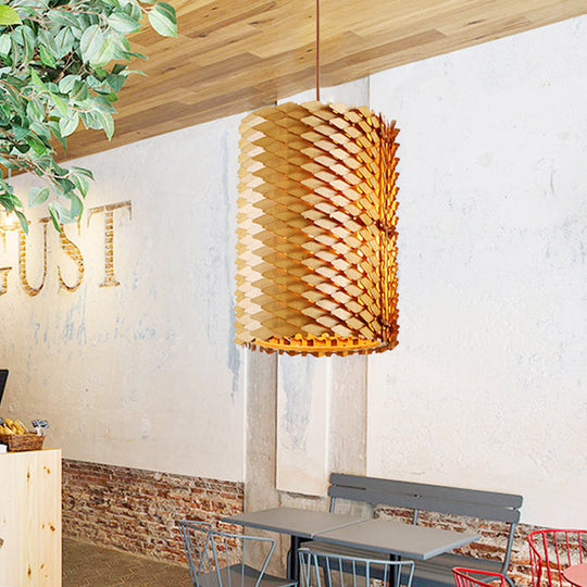Modern Hand Crafted Wood Cylindrical Pendant Lamp With Squama Surface - 1 Light Beige