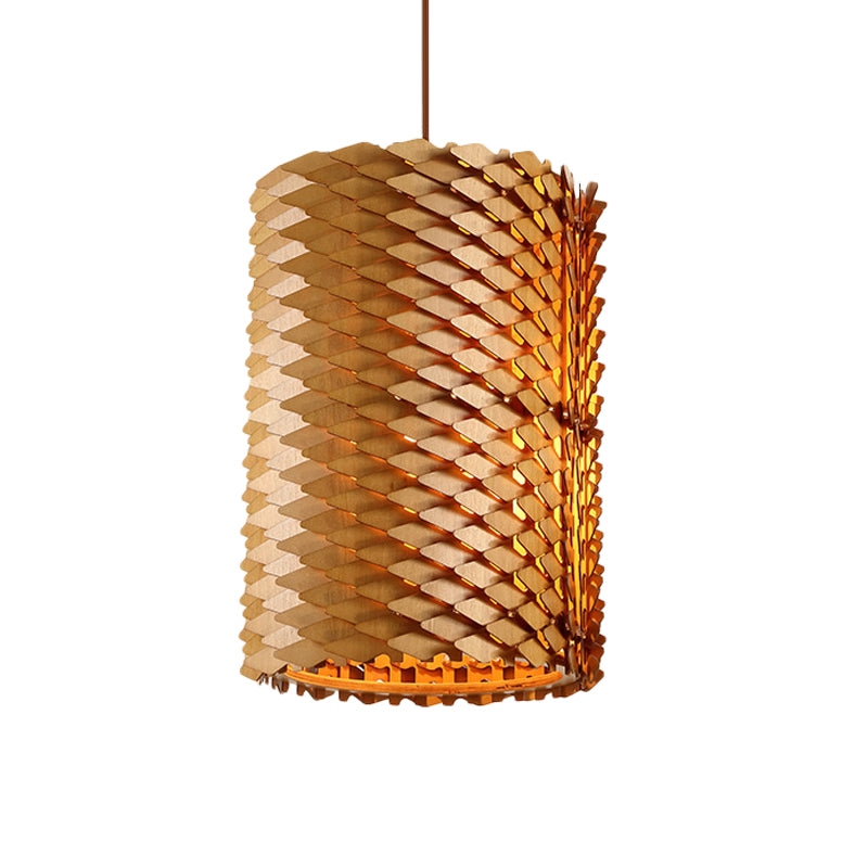 Modern Hand Crafted Wood Cylindrical Pendant Lamp With Squama Surface - 1 Light Beige