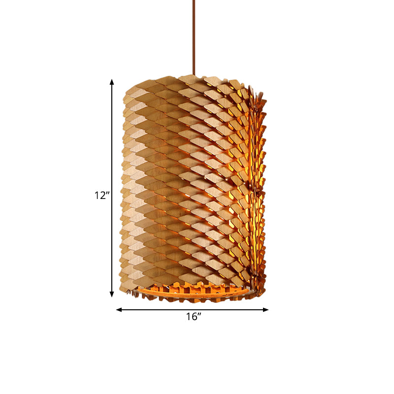 Modern Hand Crafted Wood Cylindrical Pendant Lamp With Squama Surface - 1 Light Beige