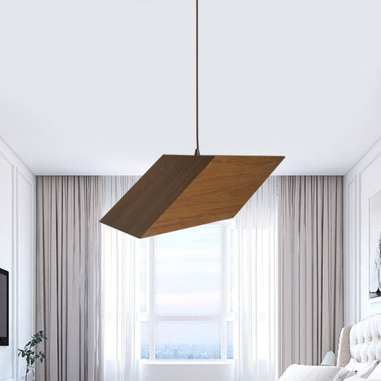 Modern Triangular Prism Wood Pendant - 1 Light Beige Hanging Light Kit