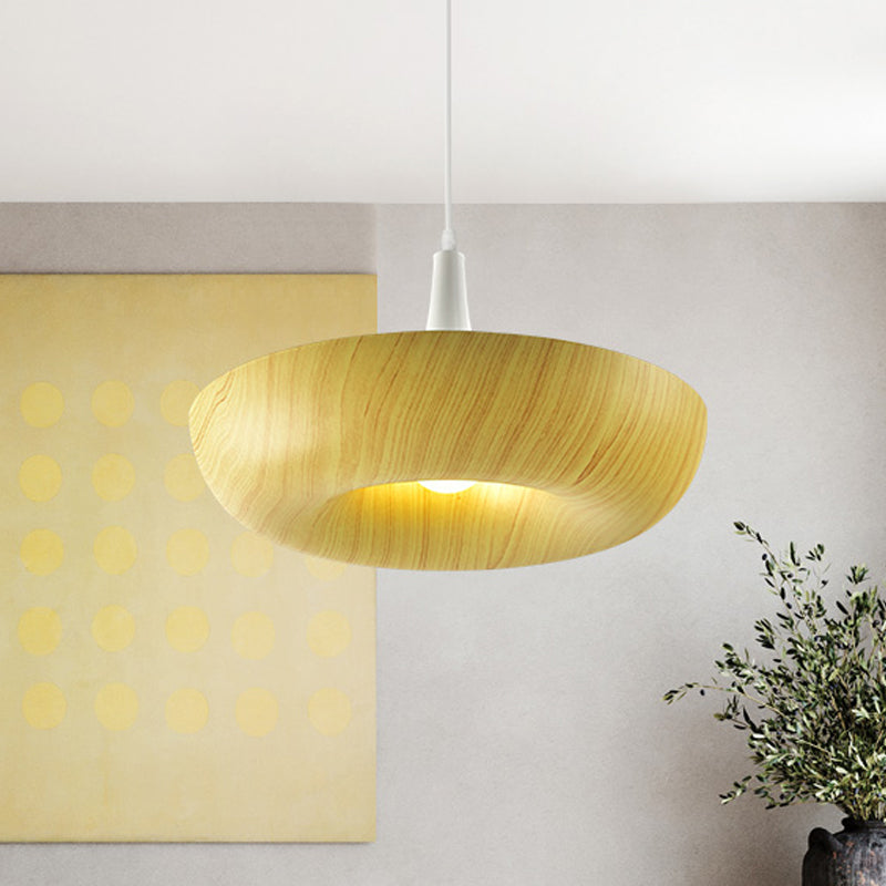 Beige Minimalist Donut Pendant Light With Wood Grain Texture: Stylish Aluminum Single Lamp For