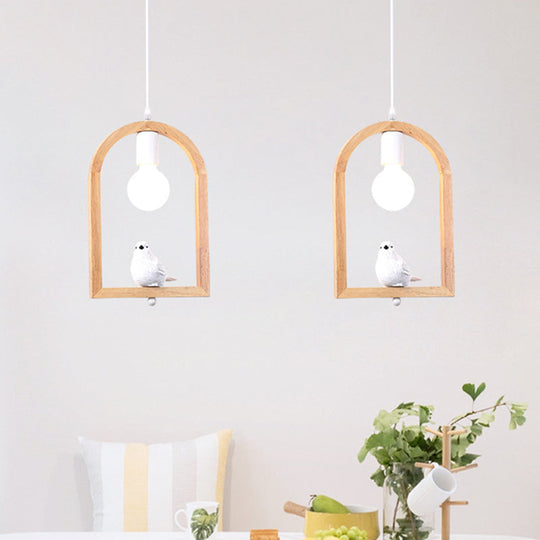 Modern Nordic Pendant Ceiling Lamp with Resin Bird Pendant, Wooden Arch Frame - White, 1 Light
