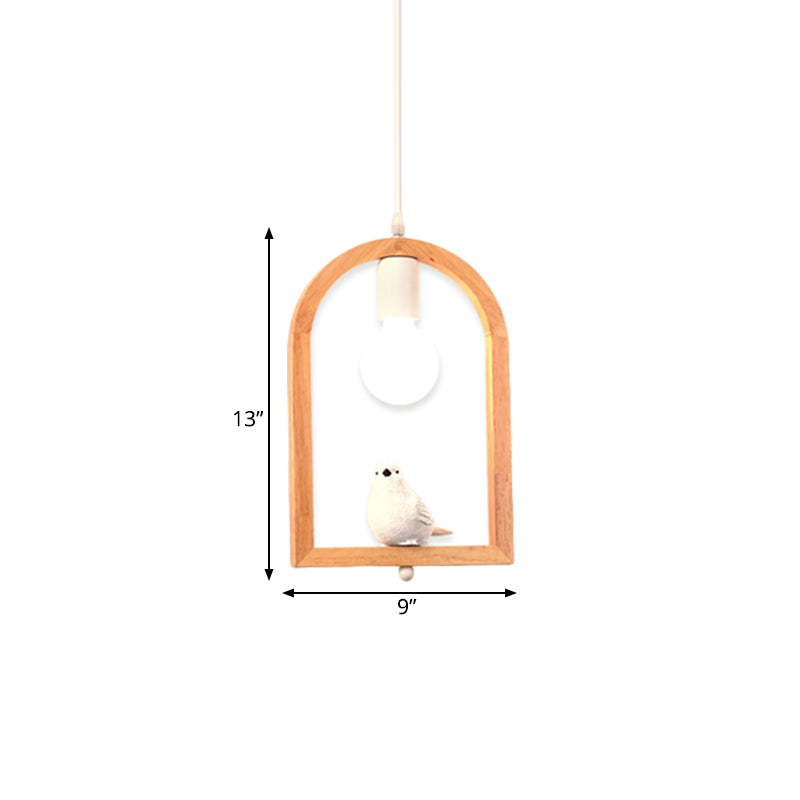 Nordic Style Resin Bird Pendant Ceiling Lamp In White With Wooden Arch Frame - 1 Light