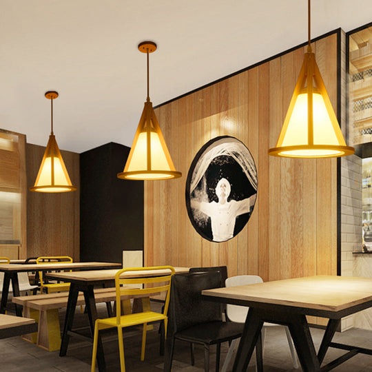 Japanese Wood Pendant Lamp - Horn Shaped Cage With Single Bulb And Beige Shade