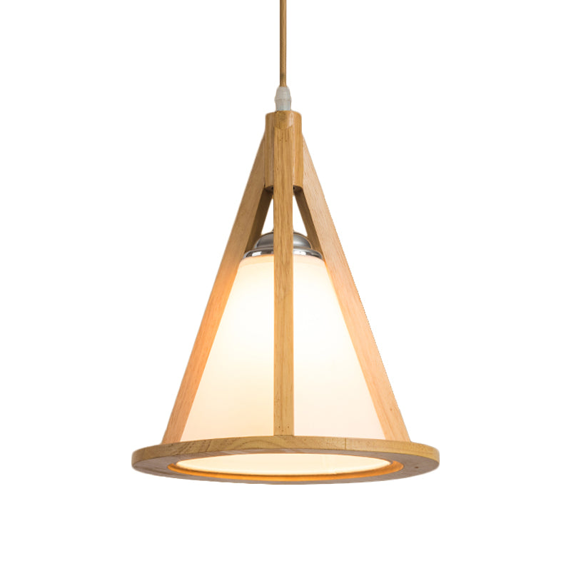 Japanese Wood Pendant Lamp - Horn Shaped Cage With Single Bulb And Beige Shade