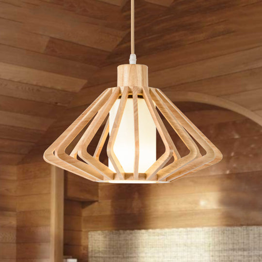 Diamond Cage Pendant Light Asian Wood 1 Head 14/18 Wide Beige Ceiling Lamp With Inner Pillar Shade