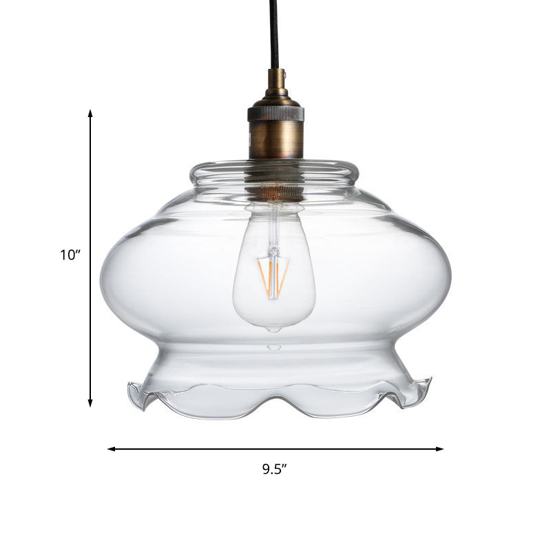 Antique Brass Pendant Light With Bowl Shaped Clear Glass - Industrial Hanging Ceiling Fixture