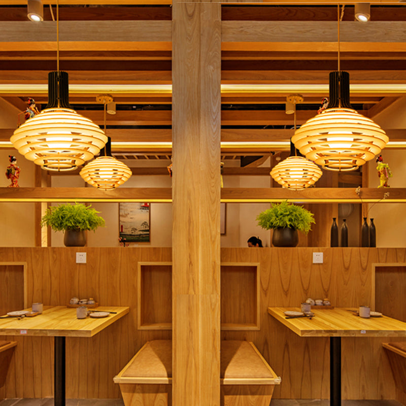 Black And Beige Wine Jar Pendulum Light Kit With Wood Cage - Asian Single Bulb Hanging Lamp