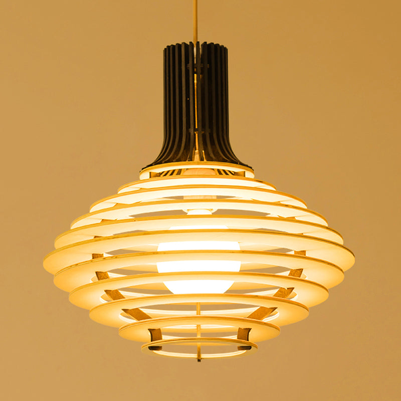 Black And Beige Wine Jar Pendulum Light Kit With Wood Cage - Asian Single Bulb Hanging Lamp