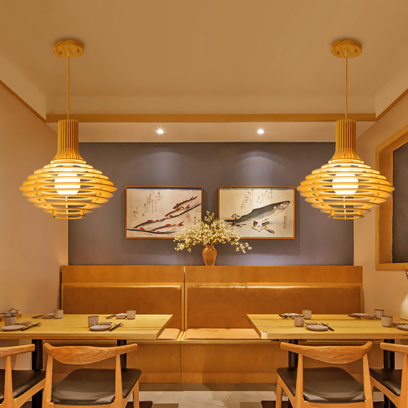 Black And Beige Wine Jar Pendulum Light Kit With Wood Cage - Asian Single Bulb Hanging Lamp