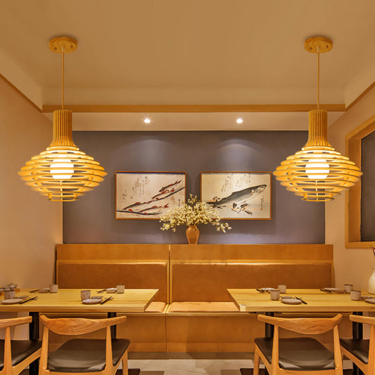 Black And Beige Wine Jar Pendulum Light Kit With Wood Cage - Asian Single Bulb Hanging Lamp