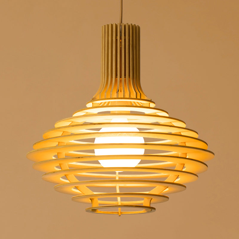 Black And Beige Wine Jar Pendulum Light Kit With Wood Cage - Asian Single Bulb Hanging Lamp