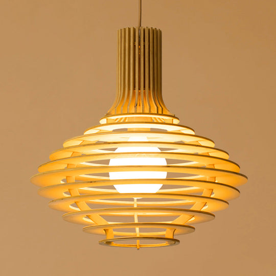 Black And Beige Wine Jar Pendulum Light Kit With Wood Cage - Asian Single Bulb Hanging Lamp