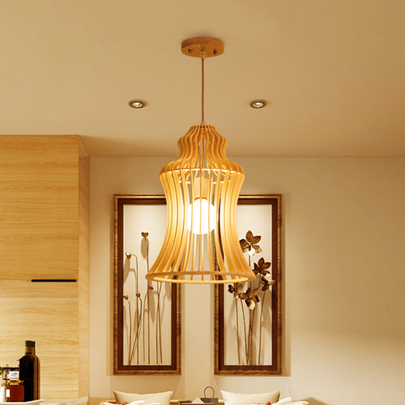 Cage Restaurant Hanging Light: Curvaceous Wooden Japanese Pendant With Inner Fabric Shade
