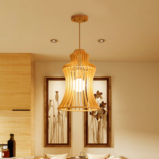 Cage Restaurant Hanging Light: Curvaceous Wooden Japanese Pendant With Inner Fabric Shade