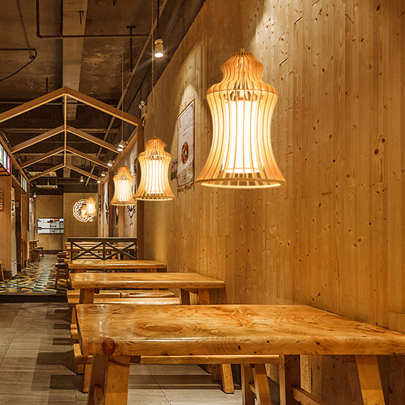 Cage Restaurant Hanging Light: Curvaceous Wooden Japanese Pendant With Inner Fabric Shade