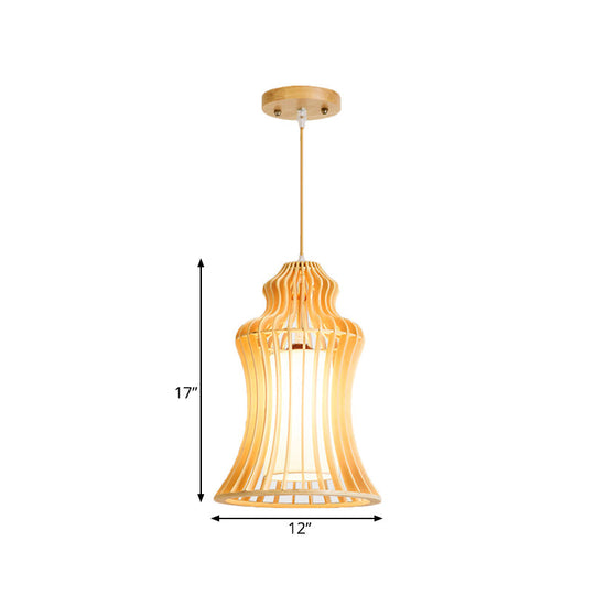 Cage Restaurant Hanging Light: Curvaceous Wooden Japanese Pendant With Inner Fabric Shade