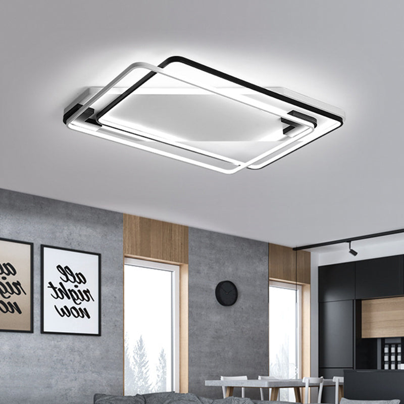 LED Ceiling Light Fixture - Modern Black-White Aluminum Overlapping Rectangle Flush Mount for Living Room, Warm/White Light