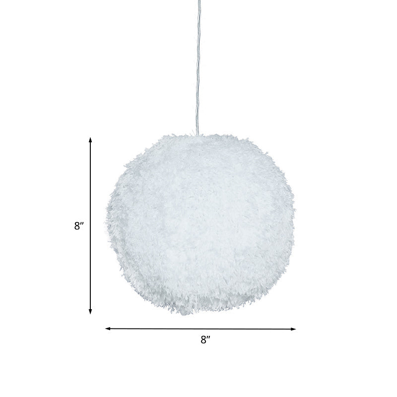 White Plush Globe Hanging Lamp - Modern 1 Head Fabric Suspension Lighting For Bedroom 8/12 Dia