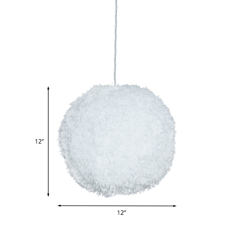 White Plush Globe Hanging Lamp - Modern 1 Head Fabric Suspension Lighting For Bedroom 8/12 Dia