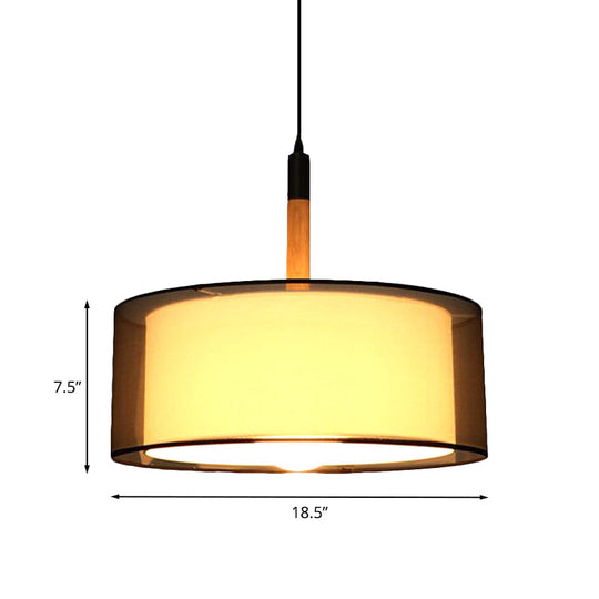 Modern Black Dual Shade Pendant Lamp: 1 Head Fabric Suspension Light with Wood Grip