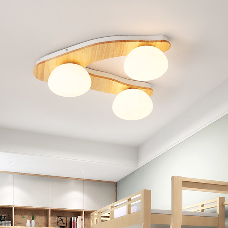 Contemporary 3-Light Wood Beige Ceiling Flush Mount with White Glass Shade