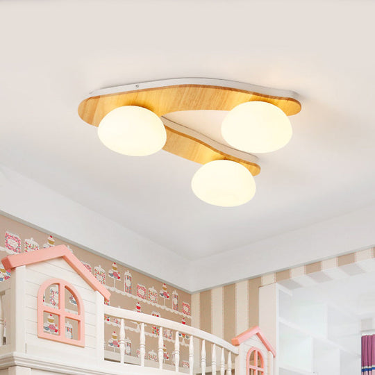 Contemporary 3-Light Wood Beige Ceiling Flush Mount with White Glass Shade