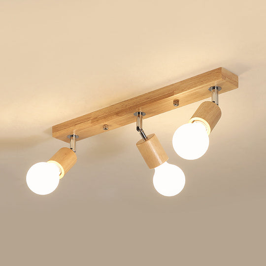 Asian Wood 3-Head Rotatable Flushmount Ceiling Lamp with Bare Bulb Design – Modern & Elegant Bathroom Flush Light Fixture