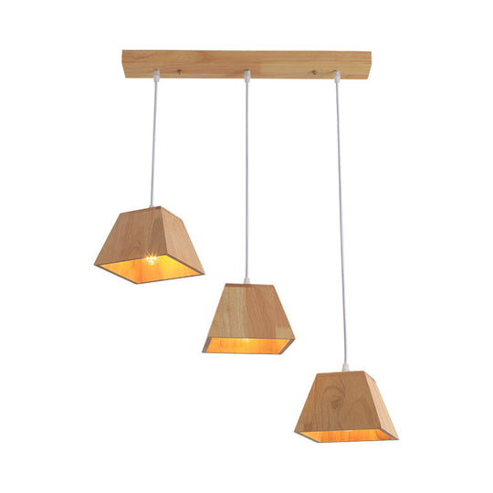 Trapezoid Multi-Light Pendant - Adjustable Nordic 3-Head Ceiling Light Wood Finish