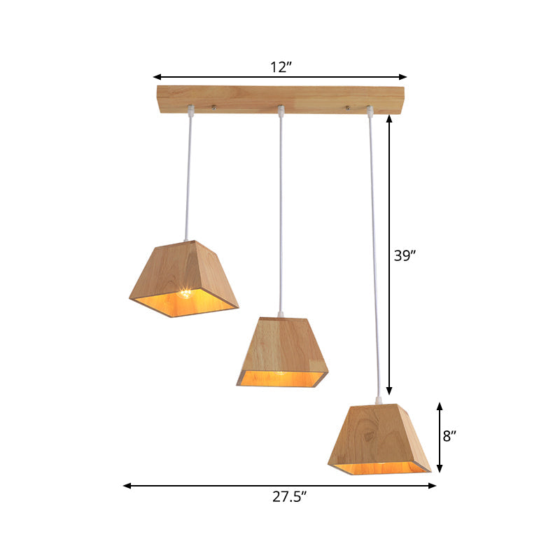Nordic Wood Trapezoid Pendant with Height Adjustable Multi-Light - 3-Head Ceiling Hanging Fixture