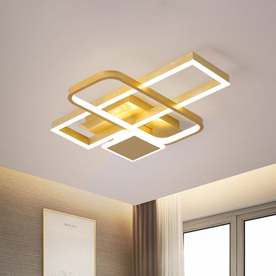 Gold Crisscrossed Rectangle Flush Light Acrylic LED Ceiling Lamp - Modernist Design, 20.5"/34" Wide, Warm/White Light Options