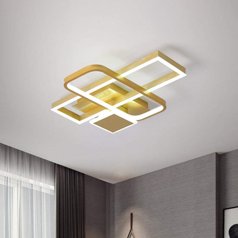 Gold Crisscrossed Rectangle Flush Light Acrylic LED Ceiling Lamp - Modernist Design, 20.5"/34" Wide, Warm/White Light Options