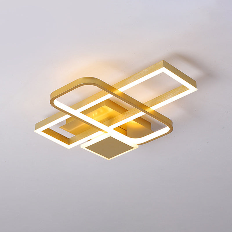 Gold Crisscrossed Rectangle Flush Light Acrylic LED Ceiling Lamp - Modernist Design, 20.5"/34" Wide, Warm/White Light Options