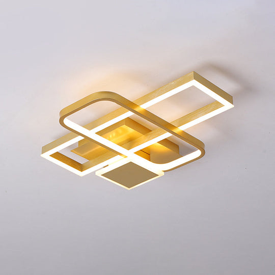 Gold Crisscrossed Rectangle Flush Light Acrylic LED Ceiling Lamp - Modernist Design, 20.5"/34" Wide, Warm/White Light Options
