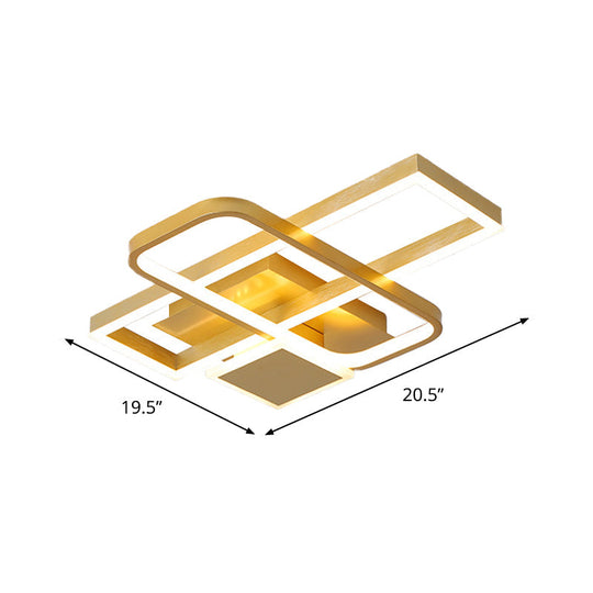 Gold Crisscrossed Rectangle Flush Light Acrylic LED Ceiling Lamp - Modernist Design, 20.5"/34" Wide, Warm/White Light Options