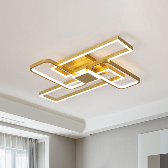 Gold Crisscrossed Rectangle Flush Light Acrylic LED Ceiling Lamp - Modernist Design, 20.5"/34" Wide, Warm/White Light Options