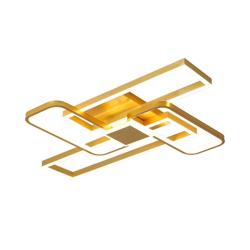 Gold Crisscrossed Rectangle Flush Light Acrylic LED Ceiling Lamp - Modernist Design, 20.5"/34" Wide, Warm/White Light Options