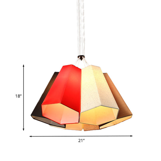 Modern Red-White Loft House Hanging Light - Ridged Conical Fabric Pendant Lighting (6 Heads)