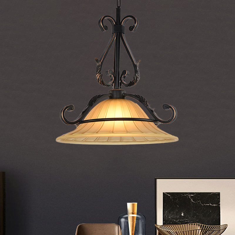 Rustic Bell Pendulum Led Suspension Light With Ribbed Glass In Bronze - Ideal For Bedroom Décor