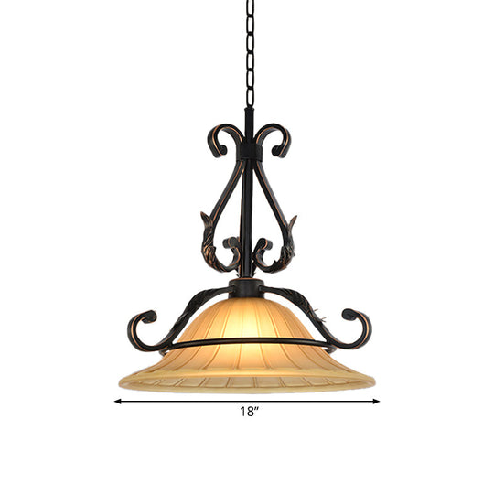 Rustic Bell Pendulum Led Suspension Light With Ribbed Glass In Bronze - Ideal For Bedroom Décor