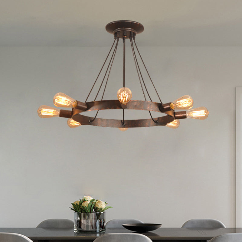 Lustre suspendu à 8 ampoules de style industriel en métal avec ampoules apparentes, marron