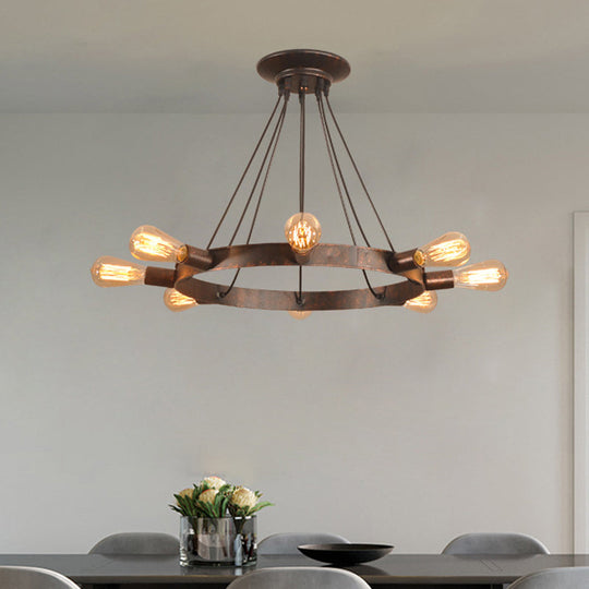 Lustre suspendu à 8 ampoules de style industriel en métal avec ampoules apparentes, marron