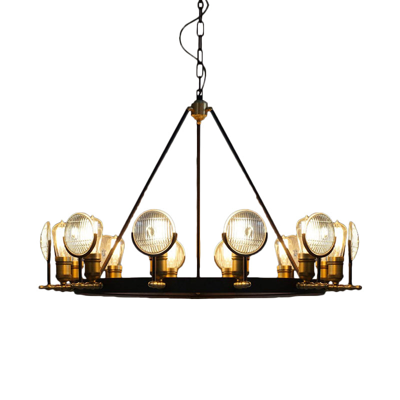 Vintage Black Grid Glass Lens Chandelier Lamp - 6/9/12 Lights Hanging Light Kit for Restaurants