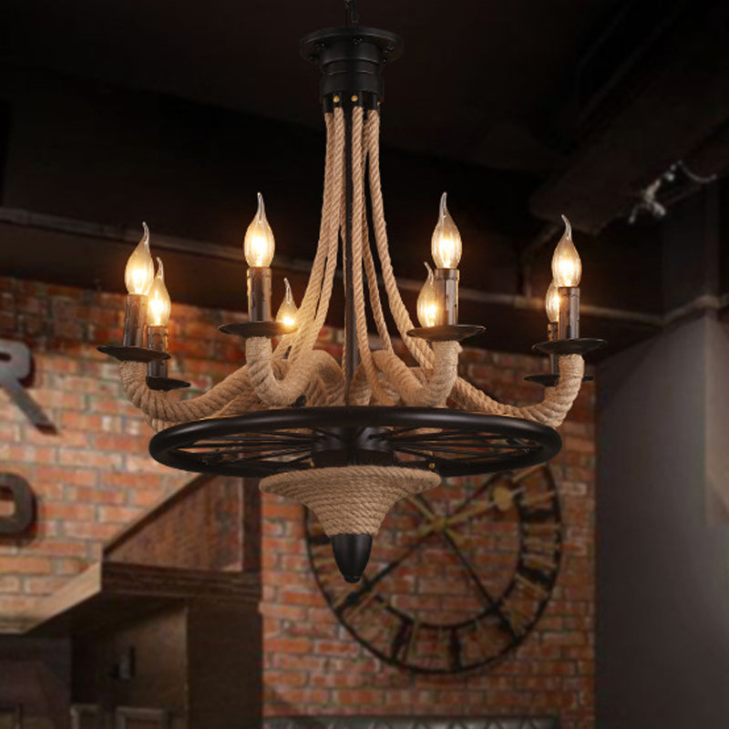 Lustre à bougie en corde à 8 ampoules Farmhouse en noir avec design à roulettes - Idéal pour les restaurants