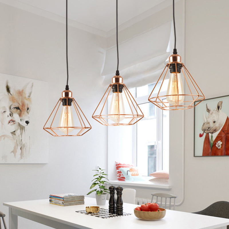 Rose Gold Loft Style Dining Room Ceiling Lamp With Multi Hanging Lights Diamond Cage And Canopy