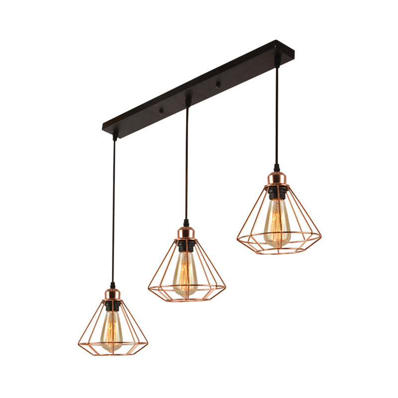 Rose Gold Iron Loft Style Dining Room Ceiling Lamp with Diamond Cage - 3 Heads, Multi Hanging, Round/Linear Canopy
