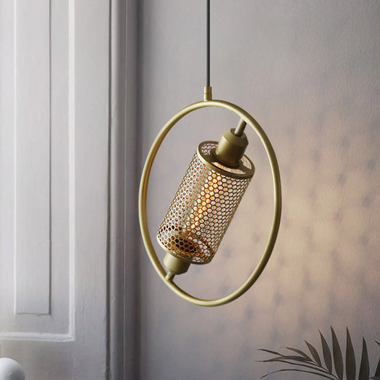Colonial Cylinder Metal Mesh Pendant Lamp - 1 Bulb Hanging Ceiling Light (14/18) Black/Gold With