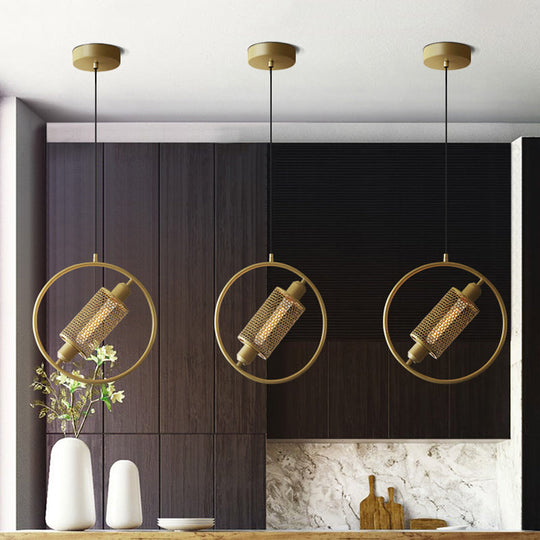 Colonial Cylinder Metal Mesh Pendant Lamp - 1 Bulb Hanging Ceiling Light (14/18) Black/Gold With
