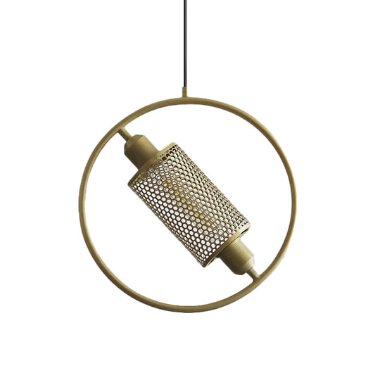 Colonial Cylinder Metal Mesh Pendant Lamp - 1 Bulb Hanging Ceiling Light (14/18) Black/Gold With